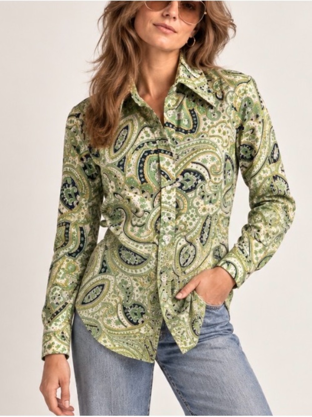 Vintage 70s 80s Schnell Sports Paisley Blouse Womens Medium Green Boho Shirt